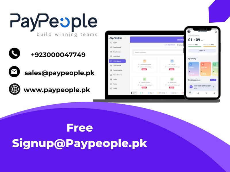 A professional dashboard showing attendance software in pakistan on a modern office laptop screen.