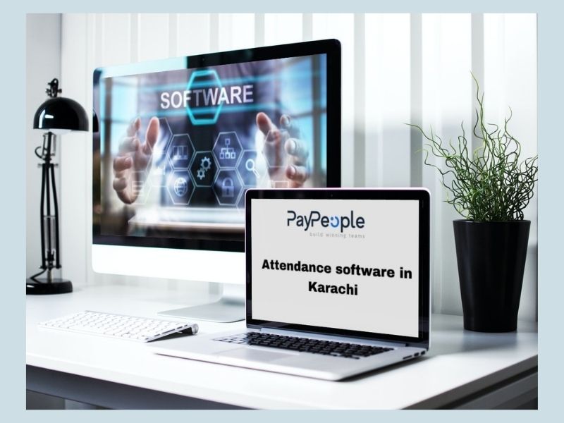 Office workers using facial recognition attendance software in Karachi with PayPeople cloud technology.
