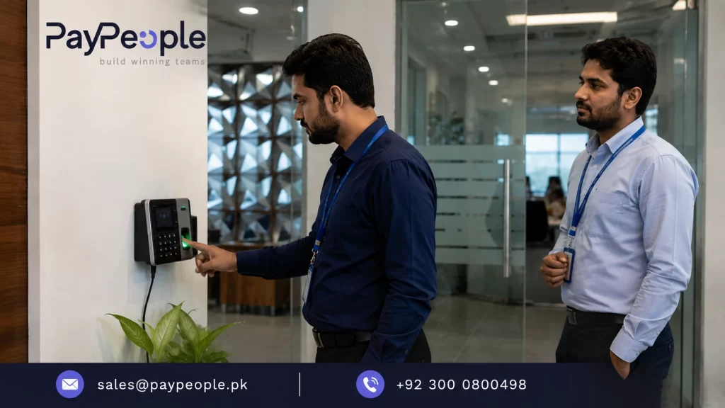 Pakistani employee using biometric attendance system at workplace